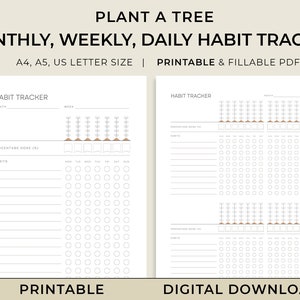 May include: Printable habit tracker with a plant theme. The tracker has sections for monthly, weekly, and daily habits. The design features a tree growing in a pot with brown soil.