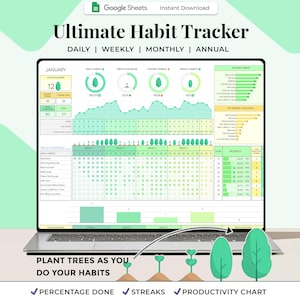 Habit Tracker Spreadsheet, Google Sheets Template, Monthly, Weekly, Daily Tracker, Daily To Do List, Digital Goal Planner, Goal Tracker