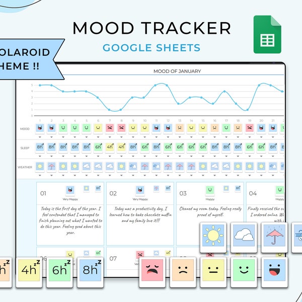 Digital Mood Tracker Spreadsheet, Google Sheets Template, Mood Journal, Mood Chart, Feelings / Emotion Tracker, Mood Log, Daily Mood Tracker