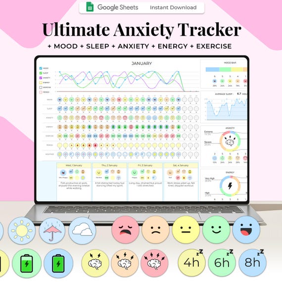 Anxiety Tracker, Mental Health Journal Printable, Wellness Planner, Stress, Depression Tracker, DBT Therapy