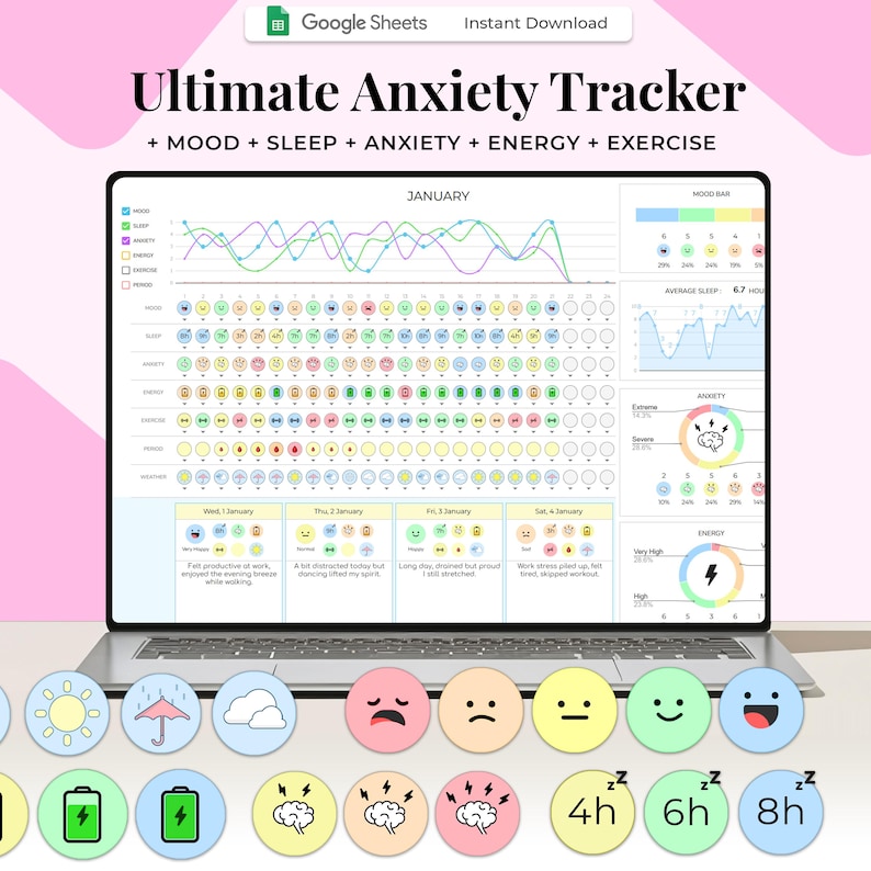 Anxiety Tracker, Mental Health Journal Printable, Wellness Planner, Stress, Depression Tracker, DBT Therapy image 1