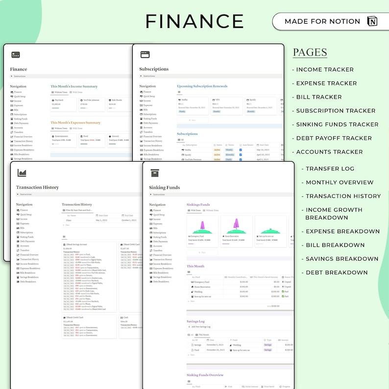 Peut inclure: Un mod&egrave;le financier num&eacute;rique avec le mot "FINANCE" en haut. Le mod&egrave;le comprend des sections pour les revenus, les d&eacute;penses et les abonnements. Le c&ocirc;t&eacute; droit r&eacute;pertorie des pages telles que le suivi des revenus, des d&eacute;penses et des dettes.