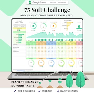 以下が含まれることがあります： ラップトップの画面には、「75 Soft Challenge」というタイトルのデジタルプランナーが表示されています。プランナーには、習慣追跡グラフ、進捗インジケーター、および「習慣を行うときに木を植える」というテキストが含まれています。デザインには緑と青の要素が組み込まれています。