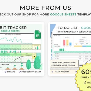 May include: Two Google Sheets templates are displayed, one for a habit tracker and the other for a to-do list. The habit tracker shows a graph and tree icons. The to-do list includes a calendar and task priority indicators. Text reads "More from Us" and "60% off when you buy 2 items or more!!!"