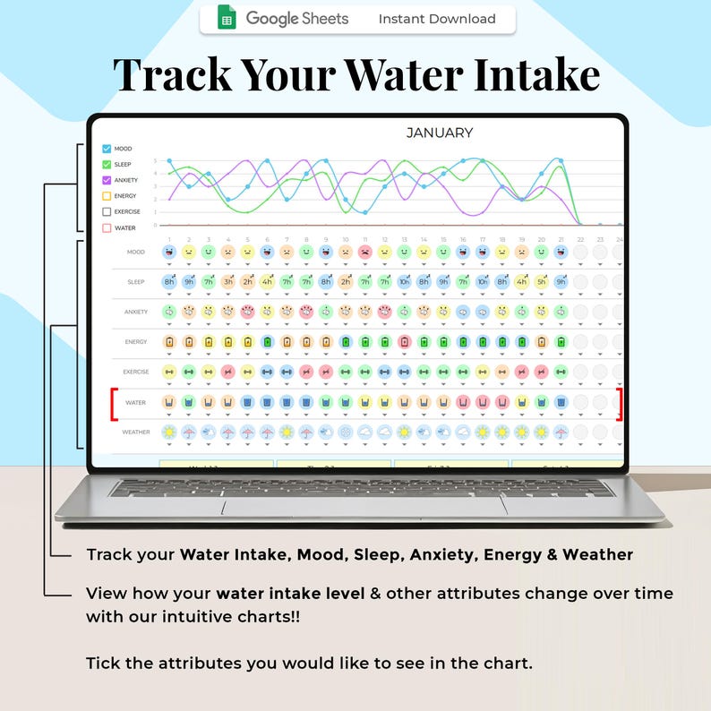 Graph Display Intake Water Tracker Printable Google Sheets, Health & Wellness Planner ...