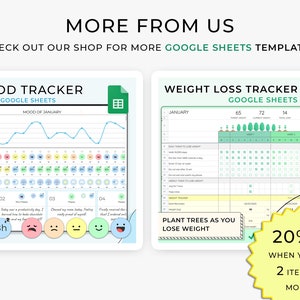 May include: Two Google Sheets templates for tracking mood and weight loss. The mood tracker features a line graph and a grid of daily mood icons. The weight loss tracker features a plant growing as weight is lost, a checklist of daily tasks, and a food tracker.