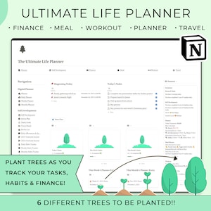 Peut inclure: Une capture d'écran d'un ordinateur montrant une application de planificateur numérique avec un arbre vert qui pousse lorsque vous terminez des tâches, des habitudes et des finances. L'application s'appelle "The Ultimate Life Planner" et comprend des sections pour les finances, la planification des repas, l'entraînement, le planificateur et les voyages. Le texte "PLANT TREES AS YOU TRACK YOUR TASKS, HABITS & FINANCE!" est affiché sous la capture d'écran de l'application. Le texte "6 DIFFERENT TREES TO BE PLANTED!!" est affiché sous le texte.