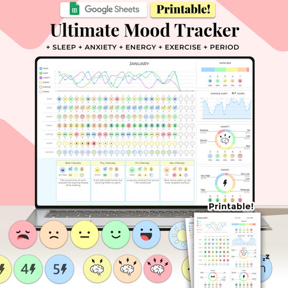 Digital Mood Tracker Spreadsheet, Google Sheets Template, Daily Mood Tracker, Mood Journal, Mood Chart, Feelings / Emotion Tracker, Mood Log