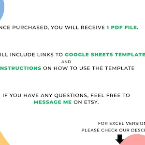Puede incluir: Una descarga digital con instrucciones sobre c&oacute;mo usar una plantilla de Google Sheets. La descarga incluye enlaces a la plantilla e instrucciones sobre c&oacute;mo usarla. El texto tambi&eacute;n menciona que se incluye un archivo PDF en la compra.