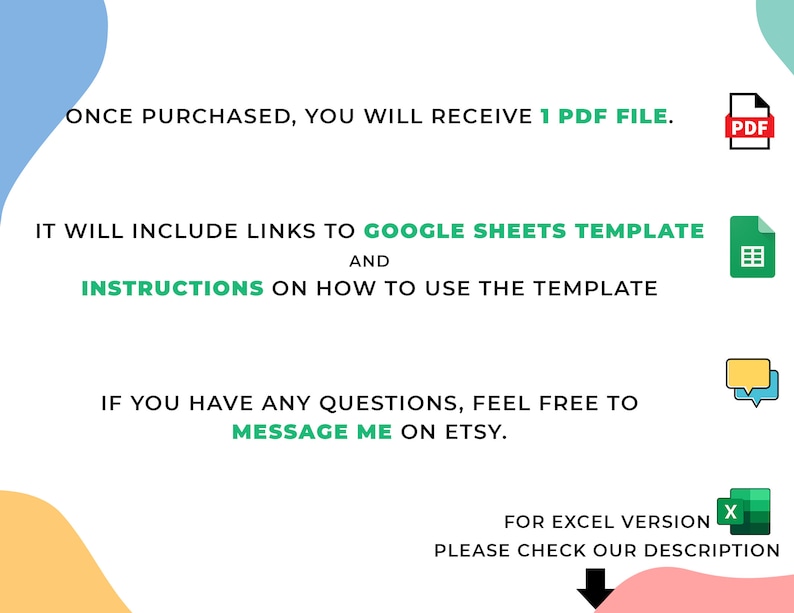 Puede incluir: Una descarga digital con instrucciones sobre c&oacute;mo usar una plantilla de Google Sheets. La descarga incluye enlaces a la plantilla e instrucciones sobre c&oacute;mo usarla. El texto tambi&eacute;n menciona que se incluye un archivo PDF en la compra.