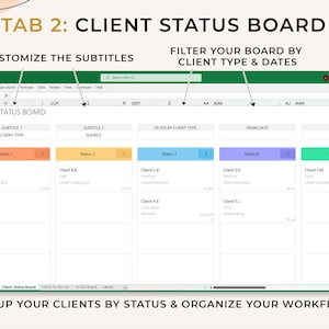 May include: A green and white spreadsheet with the title "Client Status Board". The spreadsheet is divided into columns labeled "Client Type", "Source", "Status 1", "Status 2", "Status 3", "Status 4", and "Won". Each column has a number of rows, each representing a different client. The spreadsheet is designed to help users track the status of their clients.