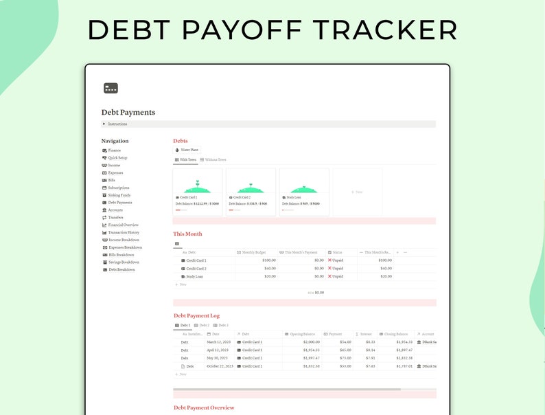 Peut inclure: Un outil num&eacute;rique de suivi du remboursement de dettes affich&eacute; sur un &eacute;cran blanc. L'&eacute;cran affiche une ventilation d&eacute;taill&eacute;e des dettes, des paiements et des aper&ccedil;us financiers. Le texte "DEBT PAYOFF TRACKER" est en haut. L'interface comprend des options de navigation et des journaux de paiement.