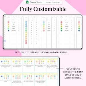 May include: A digital planner template with a spreadsheet layout, featuring sections for mood, sleep, anxiety, energy, and exercise. The text "Fully Customizable" is at the top, with instructions to change icons, labels, and font styles.