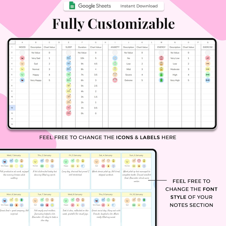 May include: A digital planner template with a spreadsheet layout, featuring sections for mood, sleep, anxiety, energy, and exercise. The text "Fully Customizable" is at the top, with instructions to change icons, labels, and font styles.