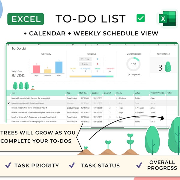 Modello di elenco di cose da fare Excel, foglio di calcolo di Excel Planner per le cose da fare quotidiane, modello di lista di controllo digitale, elenco di cose da fare modificabile, modello di elenco dei desideri