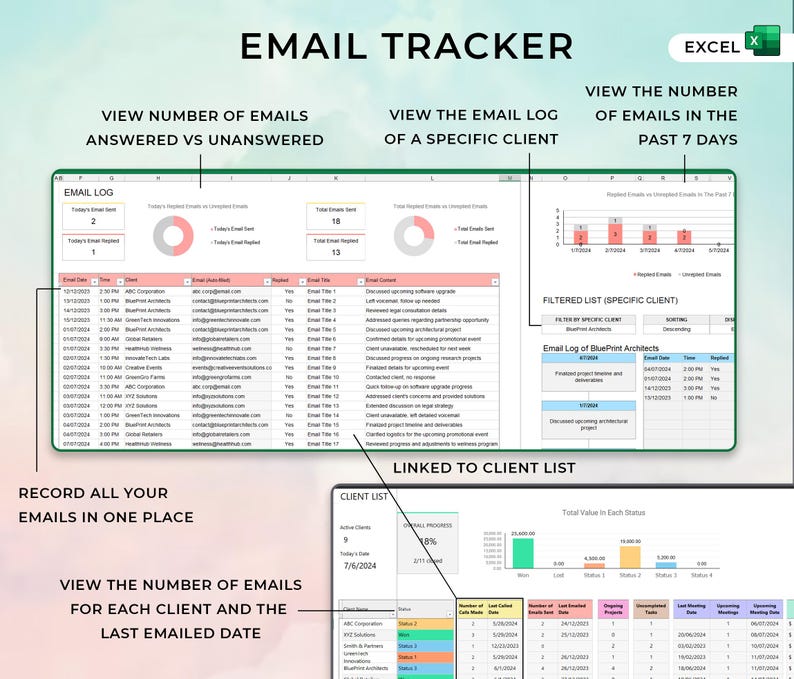 May include: A spreadsheet with the title "Email Tracker" in green text. The spreadsheet is divided into sections with headings such as "Email Log", "Filtered List", "Client List", and "Linked to Client List". The spreadsheet contains data about emails sent and received, including the date, time, client name, and email subject. The spreadsheet also includes charts and graphs that visualize the data.