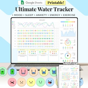 Watertracker Afdrukbare Google Spreadsheets, Gezondheids- en welzijnsplannerdagboek, maandelijkse hydratatietracker voor kinderen