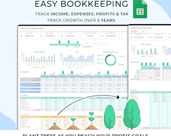 Easy Bookkeeping Template, Small Business Bookkeeping Spreadsheet, Sales, Tax, Expense, Income Tracker, Profit and Loss Accounting Planner