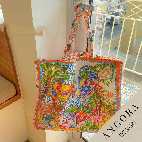 Boho Tote Bag, Colorful Shopper Bag, Large Capacity Canvas Bag, Eco-Friendly Bag, Artistic Canvas Handbag