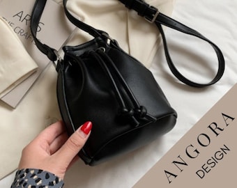 Mini sac de seau en cuir, sac à bandoulière minimal, pochette en cuir avec cordon de serrage, petit sac à bandoulière décontracté