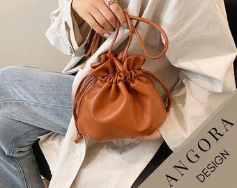 Mini Drawstring Bag, Vegan Leather Bucket Bag, Small Shoulder Bag, Minimalist Design Bag