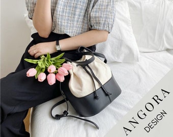 Casual Bucket Bag, Contrast Color Shoulder Bag, Drawstring Handbag, Retro Style Bag, Large Capacity Bag