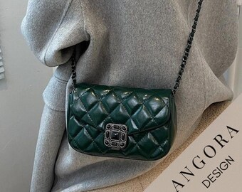 Mini Emerald Green Soft Vegan Leather Crossbody Bag, Diamond Lattice Leather Bag, Quilted Designer Bag, Vegan Leather Flap Chain Purse