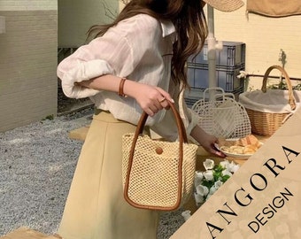 Handwoven Crossbody Purse, French Style Women Handbag, Wicker Basket Bag, Straw Bag with Leather Strap, Summer Edition