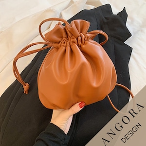 Mini Drawstring Bag, Vegan Leather Bucket Bag, Small Shoulder Bag, Minimalist Design Bag Brown