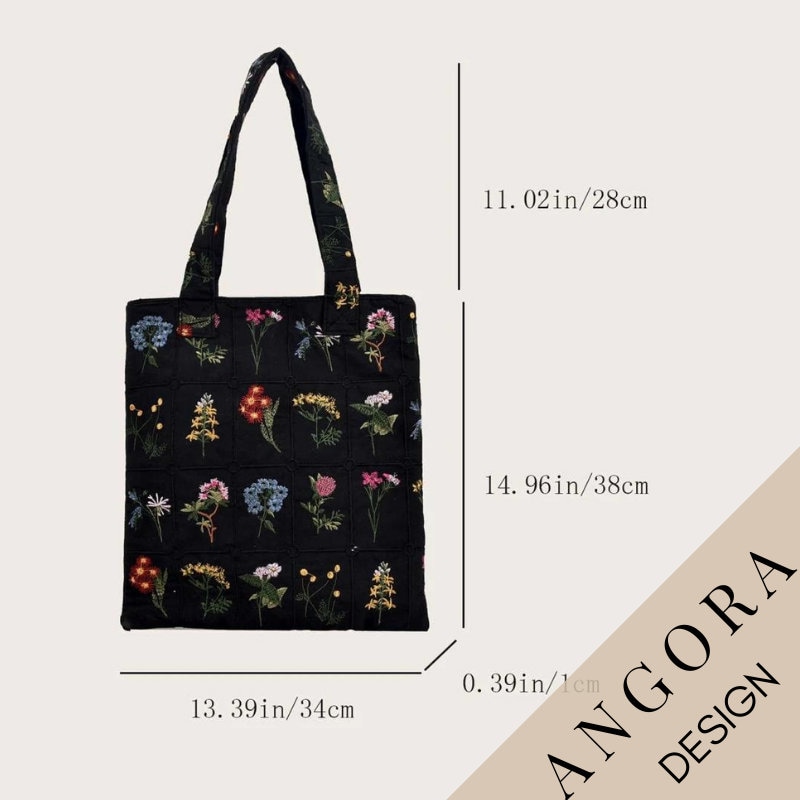 Cosbai - Solid Floral Embroidery Tote Shoulder Bag