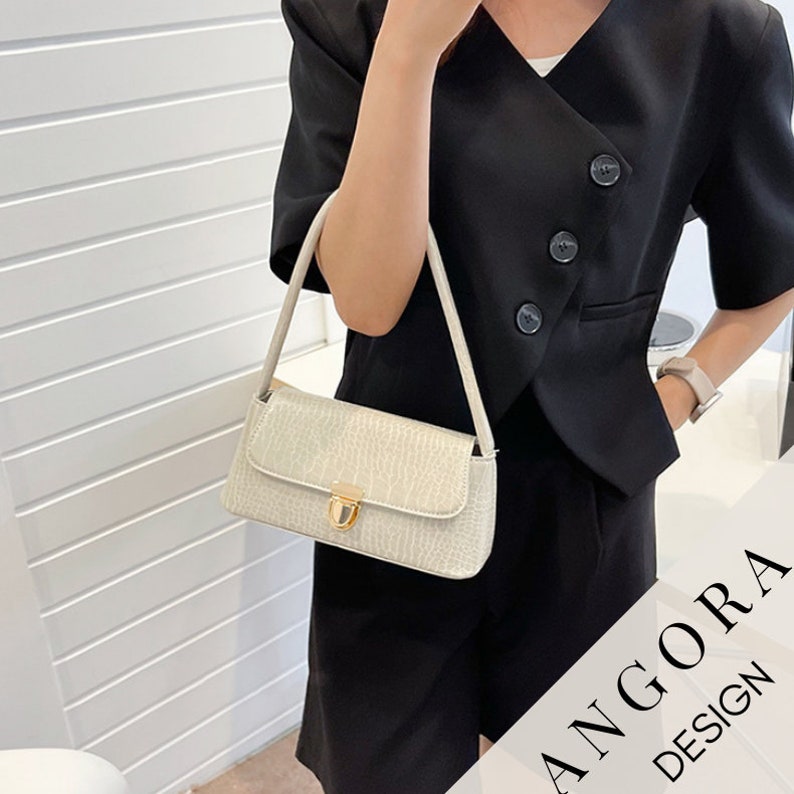 Vintage Like Baguette Bag Leather Underarm Purse Crocodile White