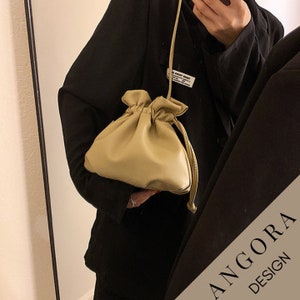 Mini Drawstring Bag, Vegan Leather Bucket Bag, Small Shoulder Bag, Minimalist Design Bag image 4