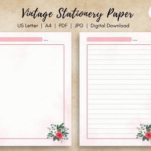 Vintage Writing Paper Junk Journal Victorian Style Stationery Set Red Floral Printable Notebook Planner Insert Refill Binder Diary Scrapbook