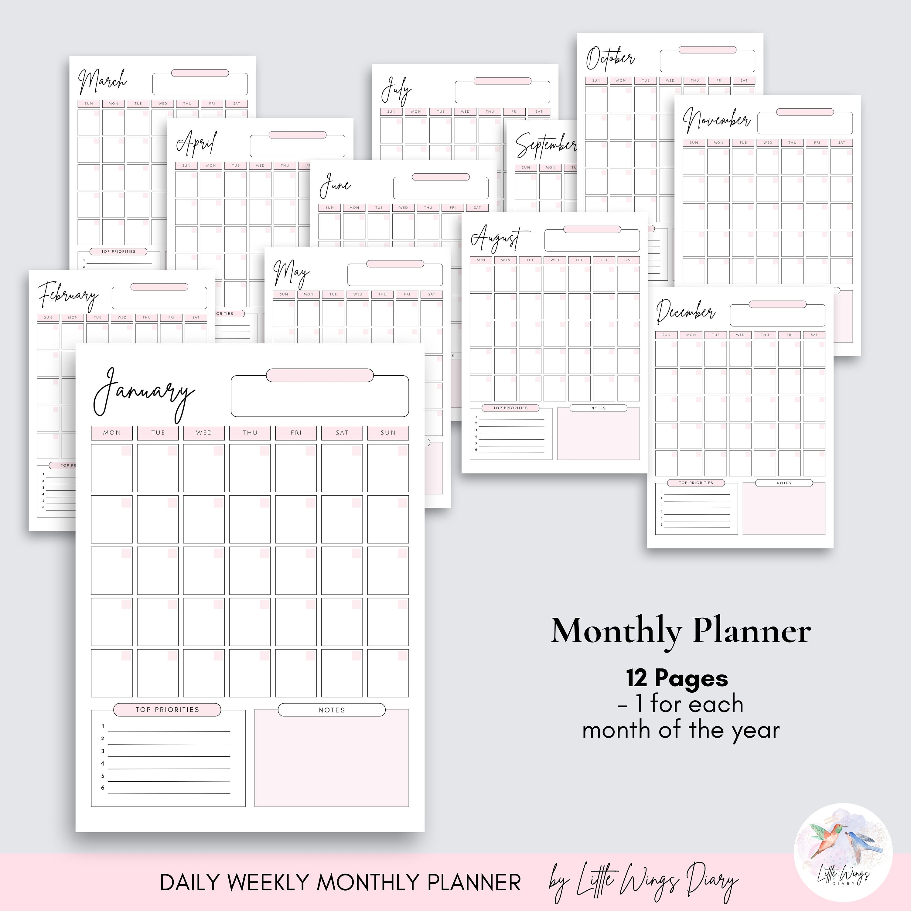 Printable Pink Daily Weekly Monthly Planner Hourly to Do Day Organizer ...