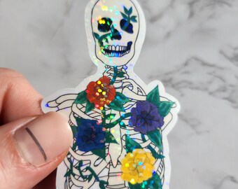 Holographic Skeleton Sticker, Vinyl Flower Decal, Water Resistant, Handmade Sticker, Unique Gift