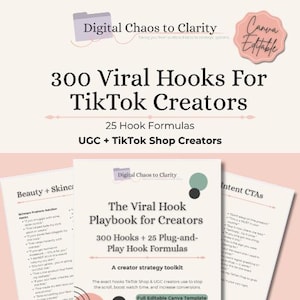 Viral TikTok Hooks Playbook | 300 sjablonen, 25 formules (digitale download)