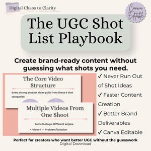 Może przedstawiać: Cyfrowy dokument zatytułowany The UGC Shot List Playbook z jasnym zielonym nagłówkiem i różowym tłem. Zawiera tekst o tworzeniu treści gotowych dla marki, podstawowych strukturach wideo oraz wielu filmach z jednego nagrania.