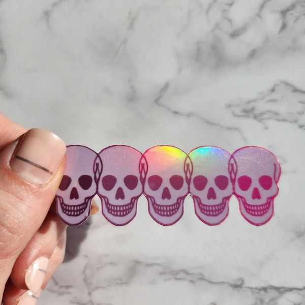 Pink Holographic Skull Sticker, Ombre Design, Water Resistant, Handmade Decal, Unique