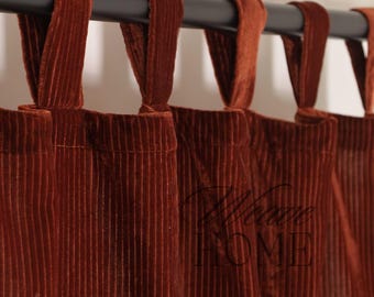 Rust Stripe Velvet Curtains Bohemian for Living Room Bedroom Heavy Soft Cabin- Door Curtains Valance (1 Panel)