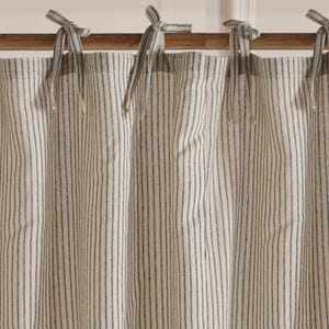 May include: A set of white curtains with thin blue stripes. The curtains have a simple design and are hung on a wooden rod.