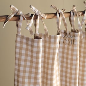 Beige Gingham Bohemian Curtains Panel Drapes Gauze Linen Fabric Any Room Door Window Treatment