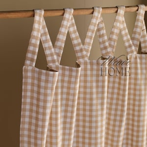 V Top Bohemian Curtains Beige Checks Gauze Linen Fabric – Custom Size Drapes for Bedroom, Living Room, Farmhouse Panels