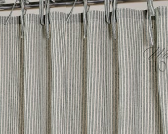 Gauze Linen Pinstriped Curtains Green Base 2 Panel Set Door Window Valance Custom Size Made Curtain.