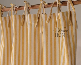 Tende a righe gialle Boho in tessuto di garza di lino, set da 2 pannelli