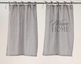 Bohemian Short Cafe Curtain Gauze Linen Fabric Black Base Kitchen Curtains, ONE PANEL Bathroom Shower Curtains