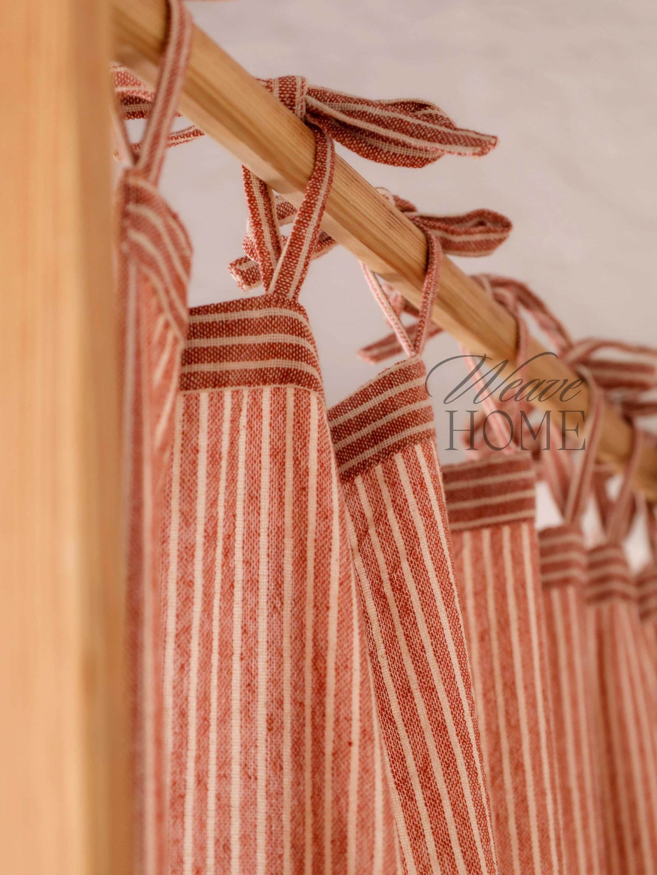 Ribbon Top Curtains Gauze Stripes Linen Maroon Base 2 Panel Set Door Window Valance Custom Size Made Curtain