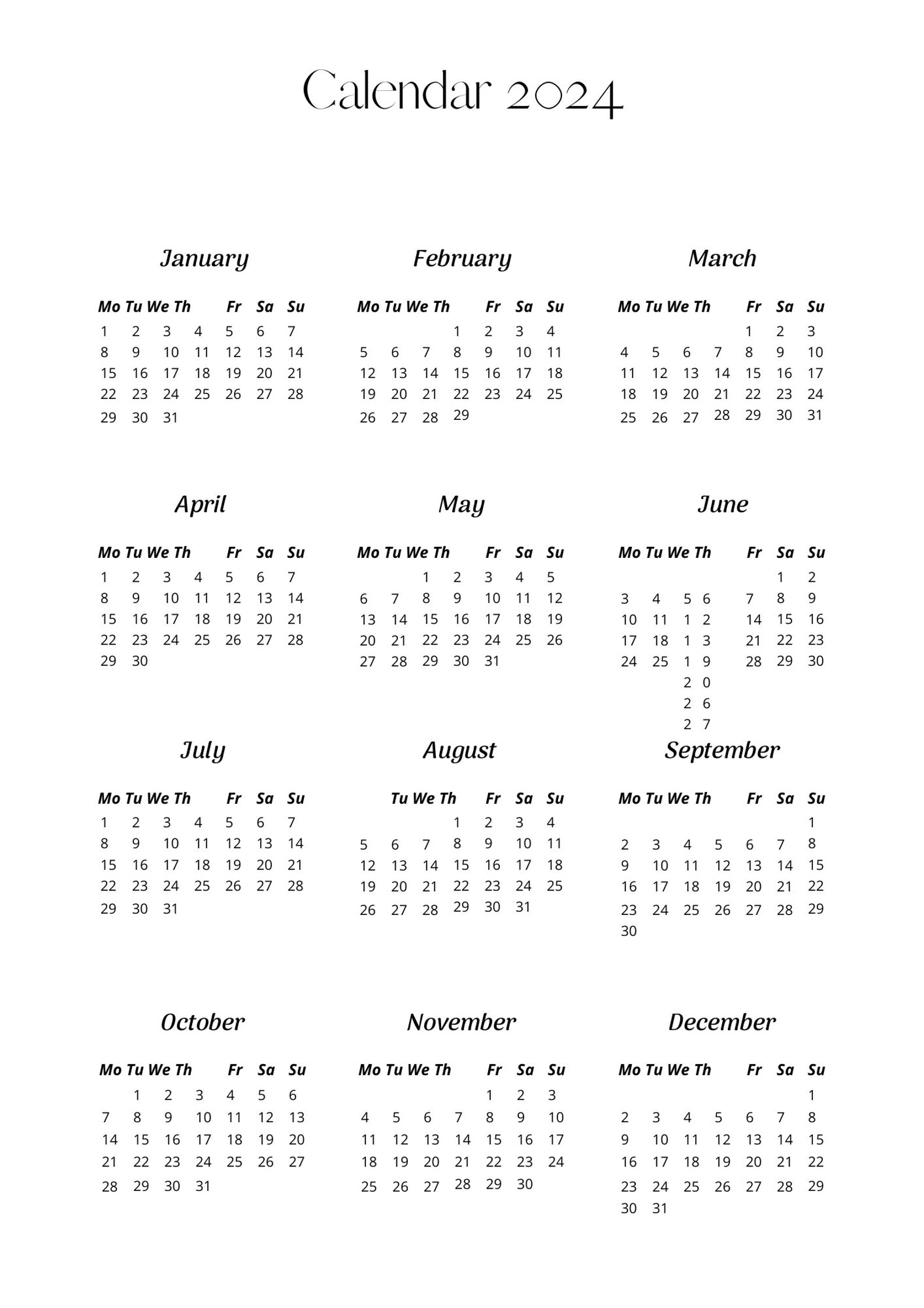 2024 Calendar Wall Calendar Printable Calendar PDF Minimal Etsy UK