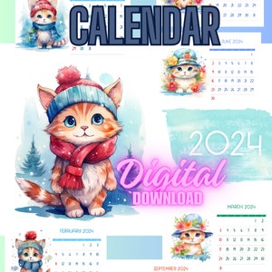 2024-kalender, månadskalender, akvarell kattporträtt, direkt nedladdning, digital kalender, väggkalender 2024, clipart, present