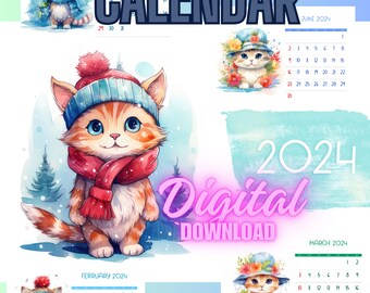 May include: A digital calendar featuring cute cartoon cats wearing hats and scarves. Each month is displayed with a calendar grid and a cat illustration. The calendar is titled "2024 Digital Download".