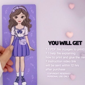 May include: A printable paper doll with a purple dress, white shirt, and a purple handbag. The doll is on a purple background with white flowers. The text "YOU WILL GET" is at the top of the image. The text below lists the items included in the purchase: 1 PDF file (4 pages to print), 1 help file explaining how to print and glue the item, and an instruction video link.